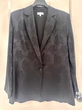 Ronny Kobo Black Floral Satin Jacquard Single Button Blazer Medium